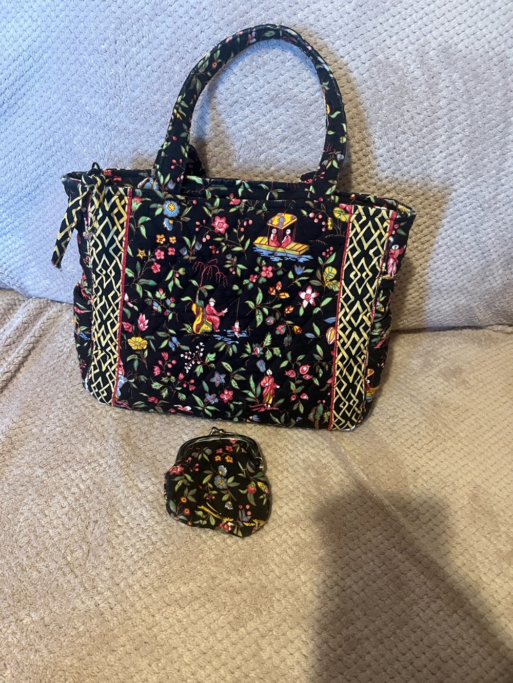 Vera Bradley Vintage Quilted Floral Tote Bag with Coin Purse - Black Floral